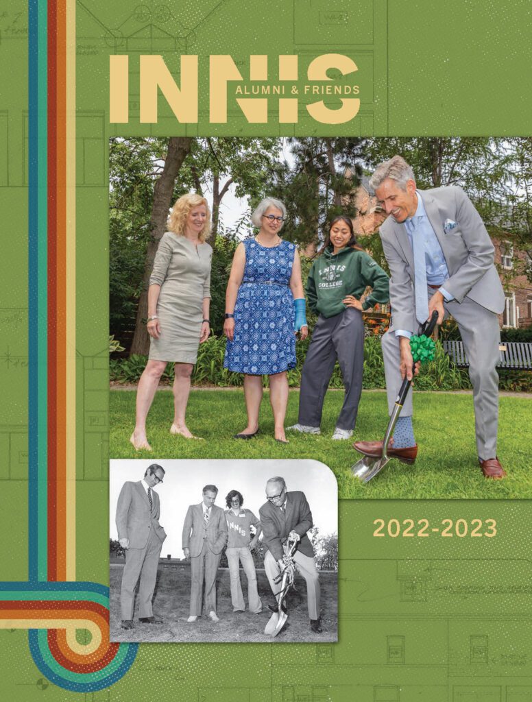 cover page of the innis magazine showing a then-and-now photo pairing of the principal operating a shovel
