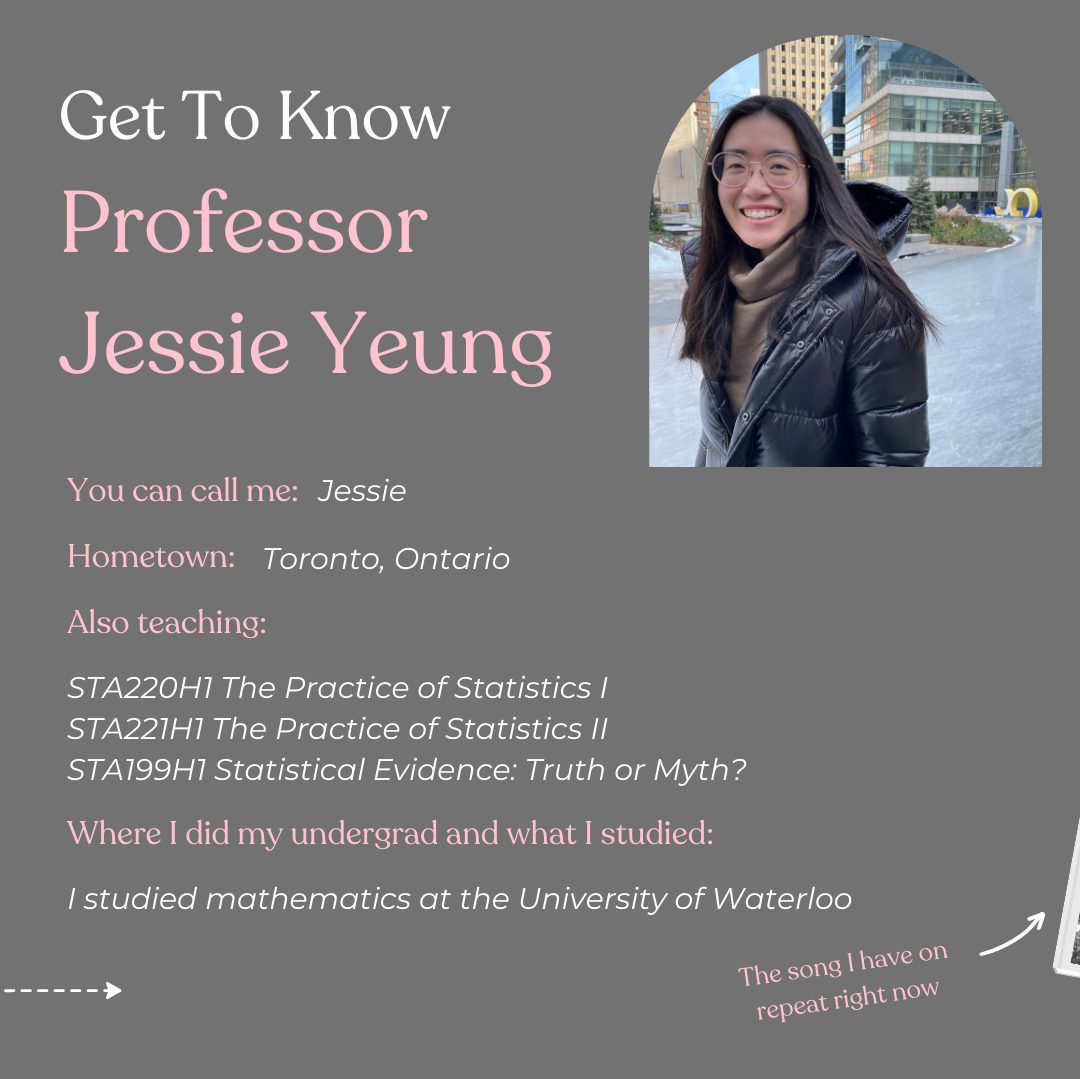 Get To Know Professor Jessie Yeung You can call me: Jessie Hometown: Toronto, Ontario Also teaching: STA220H1 The Practice of Statistics I STA221H1 The Practice of Statistics II STA199H1 Statistical Evidence: Truth or Myth? Where I did my undergrad and what I studied: I studied mathematics at the University of Waterloo The song I have on repeat right now: betty by Taylor Swift