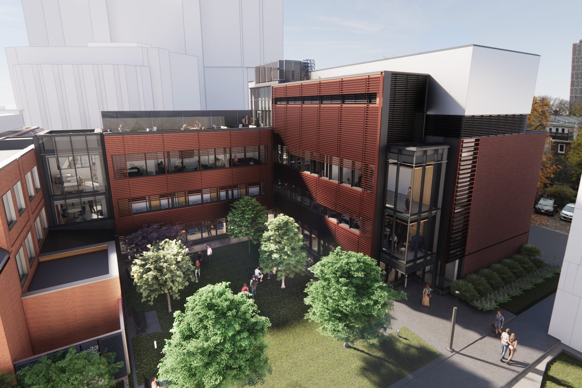 Bird's-eye rendering of renovated Innis College, as seen from northeast
