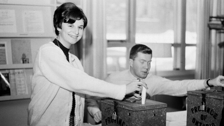 black and white photos of a student voting in the 1960s