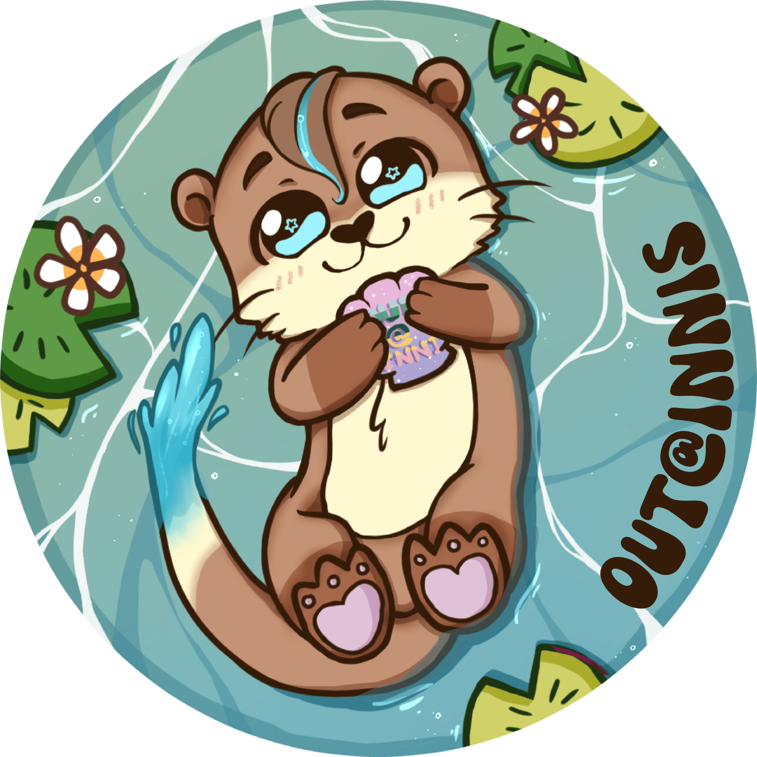 a digital illustration of a smiling stylized otter swimming on its back with the letters OUT@INNIS overlaid