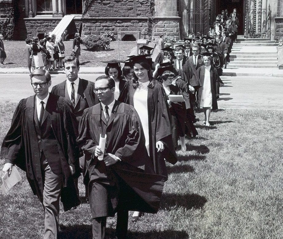 Innis students approaching Convocation Hall from the steps of University College