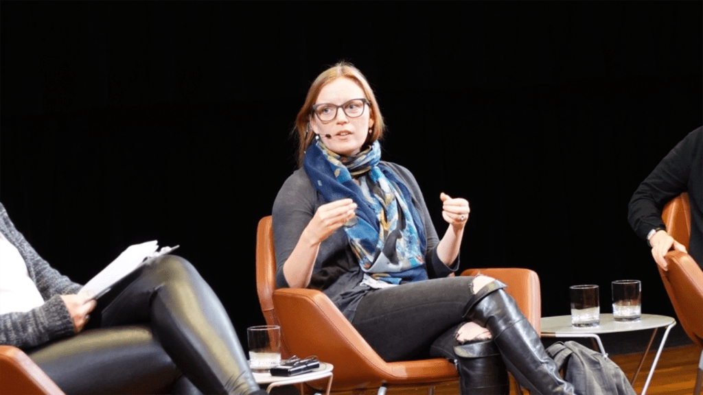 Sarah Polley speaks on a 2017 panel at Innis Town Hall